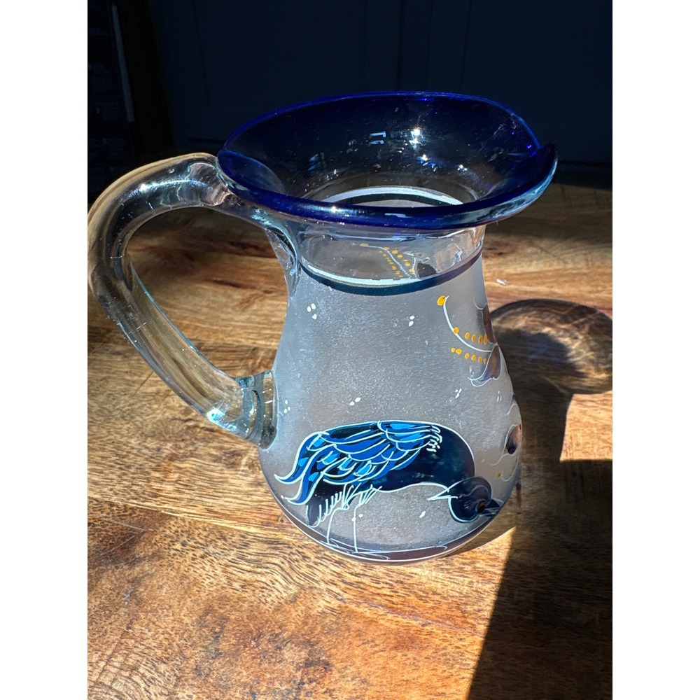 Handblown Frosted Glass Pitcher Blue Hand Painted Floral Bird Cobalt Rim Vtg - Picture 3 of 6